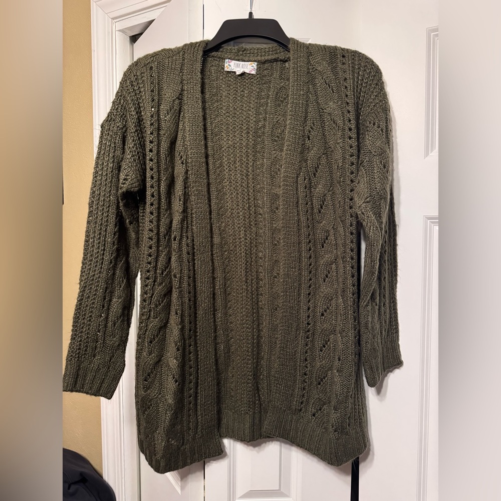 Pink Rose Forest Green Cable Knit Cardigan